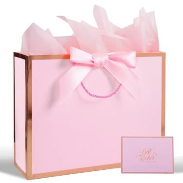 Imagem de Bolsa de presente rosa com fita, bolsa de presente grande de 33 cm com alça, cartão de felicitações e 2 papéis de seda (moldura de folha de ouro rosa) para meninas, mulheres, aniversários, casamentos