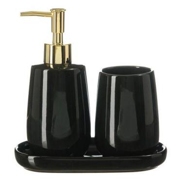 Imagem de Kit Lavabo Preto Banheiro Dispenser Líquido Bandeja Porta Escova - PGB