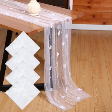 Imagem de Oudain Pacote com 2 toalhas de mesa de 3 metros com pérolas, branco, chiffon, tule, tecido de renda, boho, glitter, decoração de mesa de casamento para chá de panela, festa de aniversário, casamento