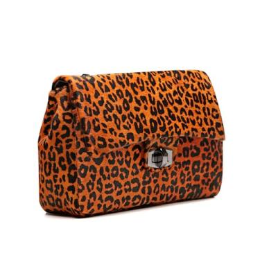 Imagem de Bolsa Feminina de Couro Legítimo Estampa Leopardo, Alça de Corrente, Fecho Metálico, Interior Bege