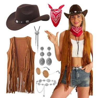 Imagem de YGDSX Roupas femininas ocidentais caubói borla colete sem mangas chapéu de cowboy e acessórios joias Halloween