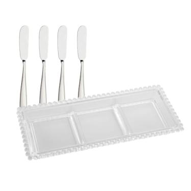 Imagem de Travessa de Cristal 30cm com 3 Divisórias + Kit 4 Espátulas Inox – Elegância e Praticidade