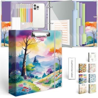 Imagem de Fichário de 3 anéis de 5 cm para papel de 21,6 cm x 28 cm, três fichários com prancheta, 5 divisórias com abas e bolsos, fichário decorativo com suporte para caneta, caminho