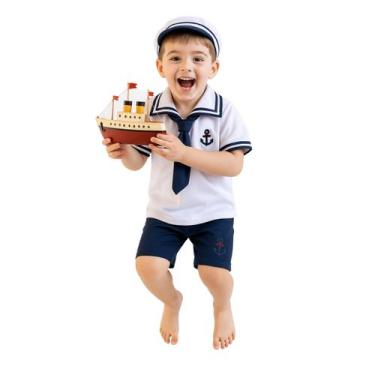 Imagem de Fantasia Infantil Marinheiro com Boné Camiseta e Shorts Bebe - anjo da