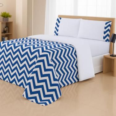 Imagem de Kit 3 Peças Edredom Solteiro Dupla Face com Estampas Florais, Lençol Com Elástico, Percal 400 Fios (Zig Zag Azul)