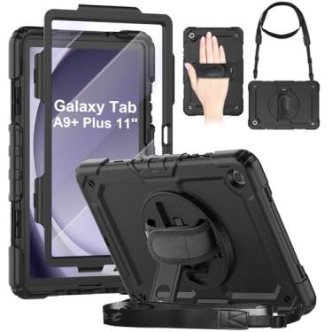Imagem de DUNNO Capa para Samsung Galaxy Tab A9+ Plus 28 cm 2023, capa à prova de choque com protetor de tela, suporte giratório de 360°, alça de mão e ombro, para tablet Galaxy Tab A9 Plus (preto)