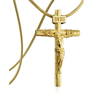 Imagem de ZENLUNANO Colar de crucifixo católico para mulheres e homens, colar de cruz banhado a ouro 18 K com pingente requintado de Jesus, corrente de cobra de aço inoxidável elegante de 45 a 76 cm, joia