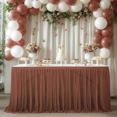 Imagem de Saia de mesa retangular de terileno opcional de 4/6/9/14 pés, toalha de mesa com listras de cor sólida, para festa de casamento, sala de jantar e festa de fim de ano, castanho-avermelhado, 4 pés (1,2