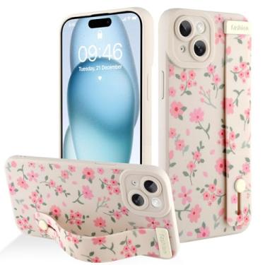 Imagem de AIGOMARA Capa para iPhone 15 com alça para mulheres e meninas, linda estampa floral rosa, capa protetora de silicone com suporte de faixa macia, branca