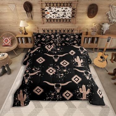 Imagem de Erosebridal Conjunto de edredom asteca solteiro para crianças, meninos e meninas, conjunto de cama rústico de caveira de touro, conjunto de colcha caubói do sudoeste com 1 fronha, conjunto de edredom