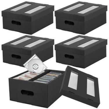 Imagem de AOBOPLE Caixas de armazenamento de CD, pacote com 5 caixas de armazenamento de CD com 2 compartimentos, suporte de papelão para CD com tampa de janela de PVC, comporta 60 CDs em estojos inteiros de