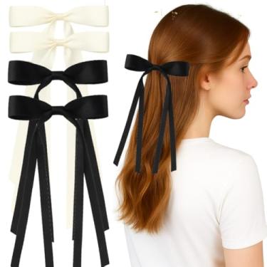 Imagem de Clipe de laço de cabelo preto e bege para meninas e mulheres, laços de fita de cetim com cauda longa, acessórios de cabelo Harajuku bonitos de balé estético para adolescentes, crianças, volta às aulas