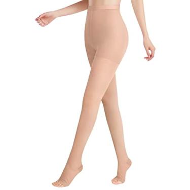 Imagem de DCCDU Meia-calça de compressão médica para mulheres e homens, compressão gradiente suporte firme 20-30 mmHg tratamento inchaço, varizes, edema (grau superior) (bico aberto, bege, P)