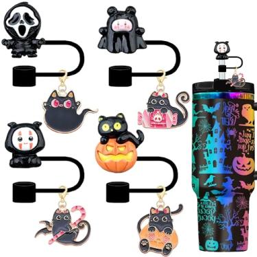Imagem de Conjunto de topos de palha de Halloween, tampas de palha fantasma preto com pingentes de caveira de encaixe para copos Stanley de 850 g 40 0z, tampas reutilizáveis à prova de poeira para presentes de