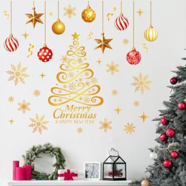 Imagem de Mfault Merry Christmas Tree Golden Wall Decals Stickers, Happy New Year Gold Xmas Ornament Balls Decorations Bedroom Art, Winter Holiday Snowflakes Stars Home Kitchen Decor