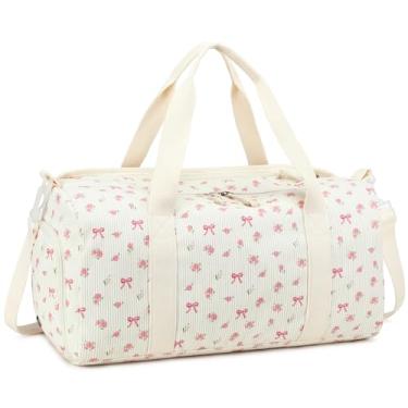 Imagem de Bolsa esportiva para academia, esportes, meninas, treino, viagem, fim de semana, com compartimento para sapatos e bolso molhado, Laço rosa - floral, L, Bolsa de viagem