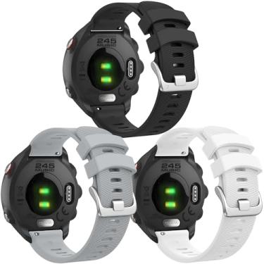 Imagem de Meliya Pulseira de relógio Garmin Forerunner 245/645/165/158/55 feminina e masculina, pulseira de silicone macio de 20 mm para Garmin Forerunner 245/645 Music SmartWatch (preto/cinza claro/branco)