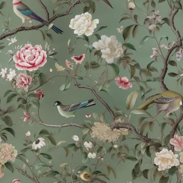 Imagem de VEELIKE Papel de parede retrô verde peônias pássaro descascar e colar vintage chinoiserie papel de parede floral para banheiro quarto fazenda 17,7" x 354'' papel de contato autoadesivo papel de parede