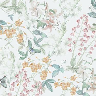Imagem de Dimoon Papel de contato floral 914.4 cm x 43.9 cm papel de parede floral papel de parede branco azul boho papel de contato para gavetas de armários