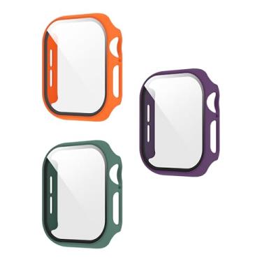 Imagem de XFEN Pacote com 3 capas multicoloridas com protetor de tela de vidro temperado para Apple Watch Series 10 de 46 mm, verde pinho + laranja + roxo escuro, toque suave, fácil instalação, proteção de tela