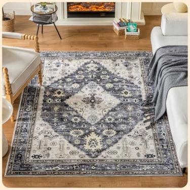 Imagem de Istana Tapete de área de 10 x 15 cm - Tapetes de área cinza escuro azul e rosa malva 10 x 15 - Tapetes laváveis à máquina para crianças e animais de estimação - Tapete de área antiderrapante e não