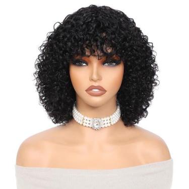 Imagem de Peruca OnePart 200% de densidade curta Kinky Curly Wave com franja