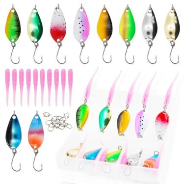 Imagem de Kit de 10 colheres de metal e iscas de plástico macio | Caixa Spinnerbait com cauda de remo | Robalo/Walleye/Truta/Salmão | Equipamento de pesca profissional em água salgada e de água doce