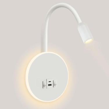 Imagem de Kawell Arandela de parede LED 9W com portas USB e tipo C, luz de leitura montada na parede de 3 W com interruptor holofote rotativo com fio interno para quarto, estudo, sala de estar, branco (branco