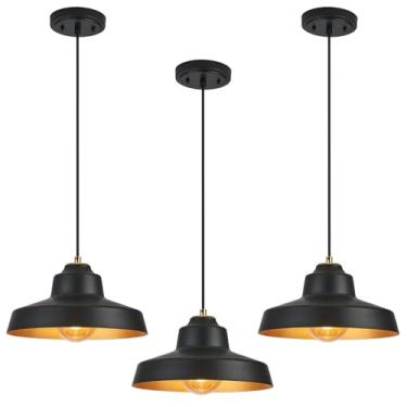 Imagem de ALAISLYC Luminária pendente preta de 30,5 cm, lâmpada suspensa para casa de fazenda, cúpula de altura ajustável, luzes pendentes para cozinha, ilha e sala de jantar, pacote com 3