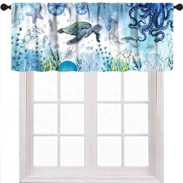 Imagem de Saia de cozinha tartaruga marinha, azul náutico, azul-petróleo, oceano, peixe, concha, água-viva, tema costeiro, cortinas curtas para café, quarto, sala de estar, banheiro, 1 peça, 137 x 45 cm