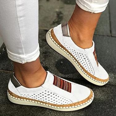 Imagem de Sapatos De Caminhada Ocos Respiráveis Casuais Femininos, Tênis De Moda Feminina Mocassins De Plataforma Plana De Conforto, Tênis De Malha Atléticos Slip On Breathe, White, 40 EU