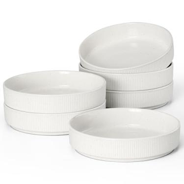 Imagem de E-far Conjunto de 6 tigelas de macarrão, prato grande de 1000 ml para servir sopa, pratos de massa de cerâmica largos e rasos, seguros para micro-ondas e lava-louças, listras texturizadas e branco