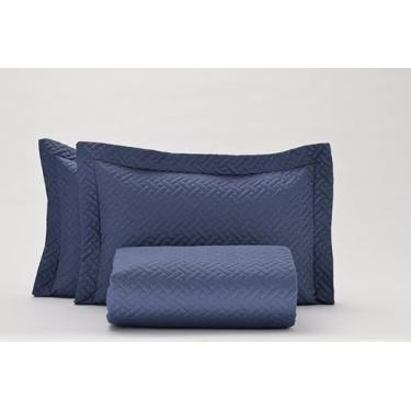 Imagem de COBRELEITO TRESSÊ 100% ALGODÃO CETIM 400 FIOS AZUL - CASAL 3 PÇS 220X240