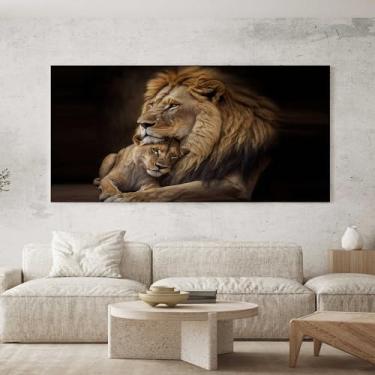 Imagem de Quadro Decorativo para Sala Quarto Hall 100x50 Leão Leoa Família Horizontal Grande Decoração Parede Tela