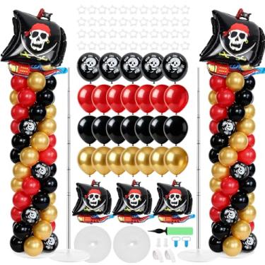 Imagem de Conjunto de 2 conjuntos de kit de suporte de coluna de balão de festa pirata vermelho preto dourado balões de arco guirlanda para vela no mar, aventura, tema do oceano, decoração de festa de