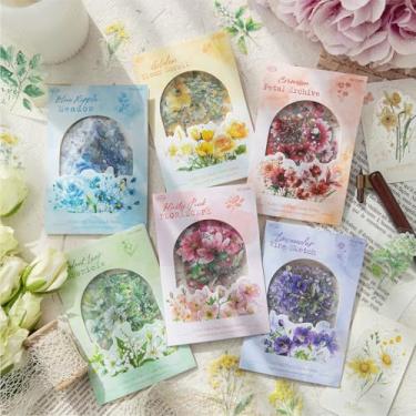 Imagem de Kit de adesivos para scrapbook de flores, 240 peças, planta, PET, transparente, impermeável, conjunto de adesivos para lixo, diário, garrafas de água, telefone, laptop, decalques para adolescentes