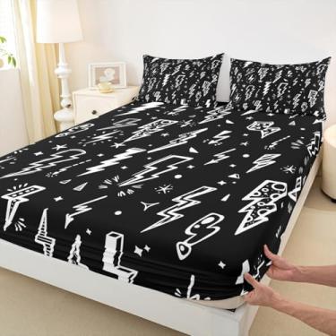 Imagem de Homewish Jogo de cama de microfibra com desenho à mão, relâmpago, relâmpago, 2 peças, para crianças, meninos, Thunderbolts, lençol com elástico (1 lençol com elástico + 1 fronha) tamanho solteiro