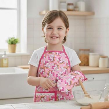 Imagem de Kit Avental Infantil de Cozinha Estampado com Luva Térmica - Mava Enxo
