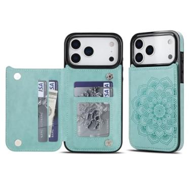 Imagem de Capa carteira para iPhone 17 Pro Max, anti-impressão digital com couro sintético durável e TPU, padrão mandala em relevo, à prova de choque, 3 compartimentos para cartão e suporte (verde)