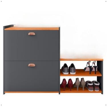 Imagem de Sapateira Organizadora Com Banco Integrado - 2 Portas Basculantes E Puxador Concha Milano Para Hall De Entrada, Quarto E Closet - Assento PráTico Para Vestir Sapatos(Cinza/Cinamomo)