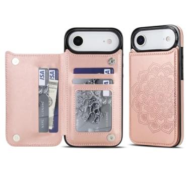 Imagem de Capa carteira para iPhone Air, anti-impressão digital com couro sintético durável e TPU, padrão mandala em relevo, à prova de choque, 3 compartimentos para cartão e suporte (ouro rosa)