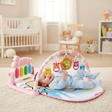 Imagem de Tapete de Atividades para Bebê com Piano Arco Musical Interativo Brinquedos Pendurados (Rosa)