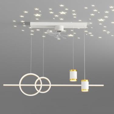 Imagem de Lustre de teto moderno LED Linear Preto Dourado Ventilador de teto Luz regulável Luminária pendente de teto de meados do século com projeção de estrelas Lustre longo para sala de jantar Cozi