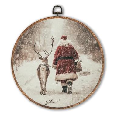 Imagem de Hxlac Arte de parede redonda de rena do Papai Noel, decoração de parede redonda de Natal Cottagecore, floresta neve no inverno, impressões em tela para pendurar esculturas de parede para decoração de