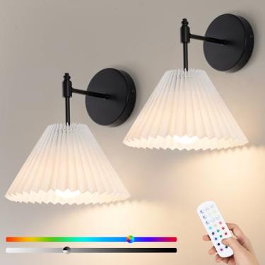 Imagem de BELS Conjunto de 2 arandelas de parede operadas por bateria, arandelas de parede modernas sem fio com controle remoto, regulável, 3 temperaturas de cor, 12 RGB, luminária de parede preta, lâmpada de