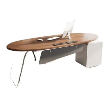 Imagem de Mesa para sentar e levantar Mesa de escritório moderna oval com 3 gavetas, estação trabalho madeira resistente tomadas carregamento(XL)