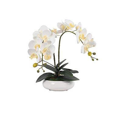 Imagem de DCYEQRQ Bonsai artificial de flor falsa, arranjo de orquídeas brancas, orquídeas de seda em vaso para mesa de centro de mesa, decoração de casa, escritório, casamento, planta artificial
