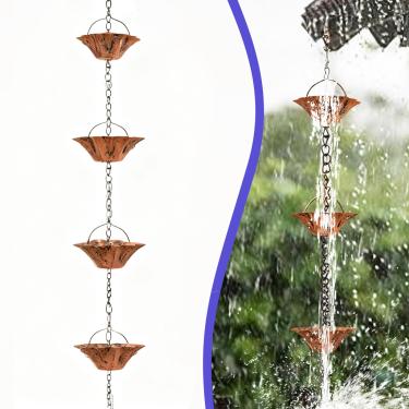 Imagem de Yepfomi Corrente de chuva de 2,5 m para calhas, correntes de chuva para o exterior com 12 copos de lótus, corrente coletora de chuva à prova de ferrugem, substituição para downspout (Lotus)