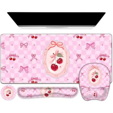 Imagem de Tapete de mouse xadrez fofo com suporte de pulso, conjunto 4 em 1, 2GG grande mousepad + descanso de pulso para teclado + descanso de pulso para mouse + porta-copos tapete de jogos para trabalho