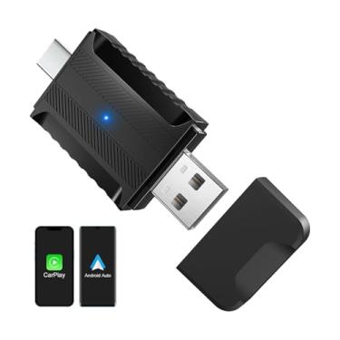 Imagem de iHeylinkit Adaptador sem fio carplay 2 em 1 e mini Android Auto com conexão rápida e estável, adaptador automotivo com fio para carro, compatível com iPhone 10+